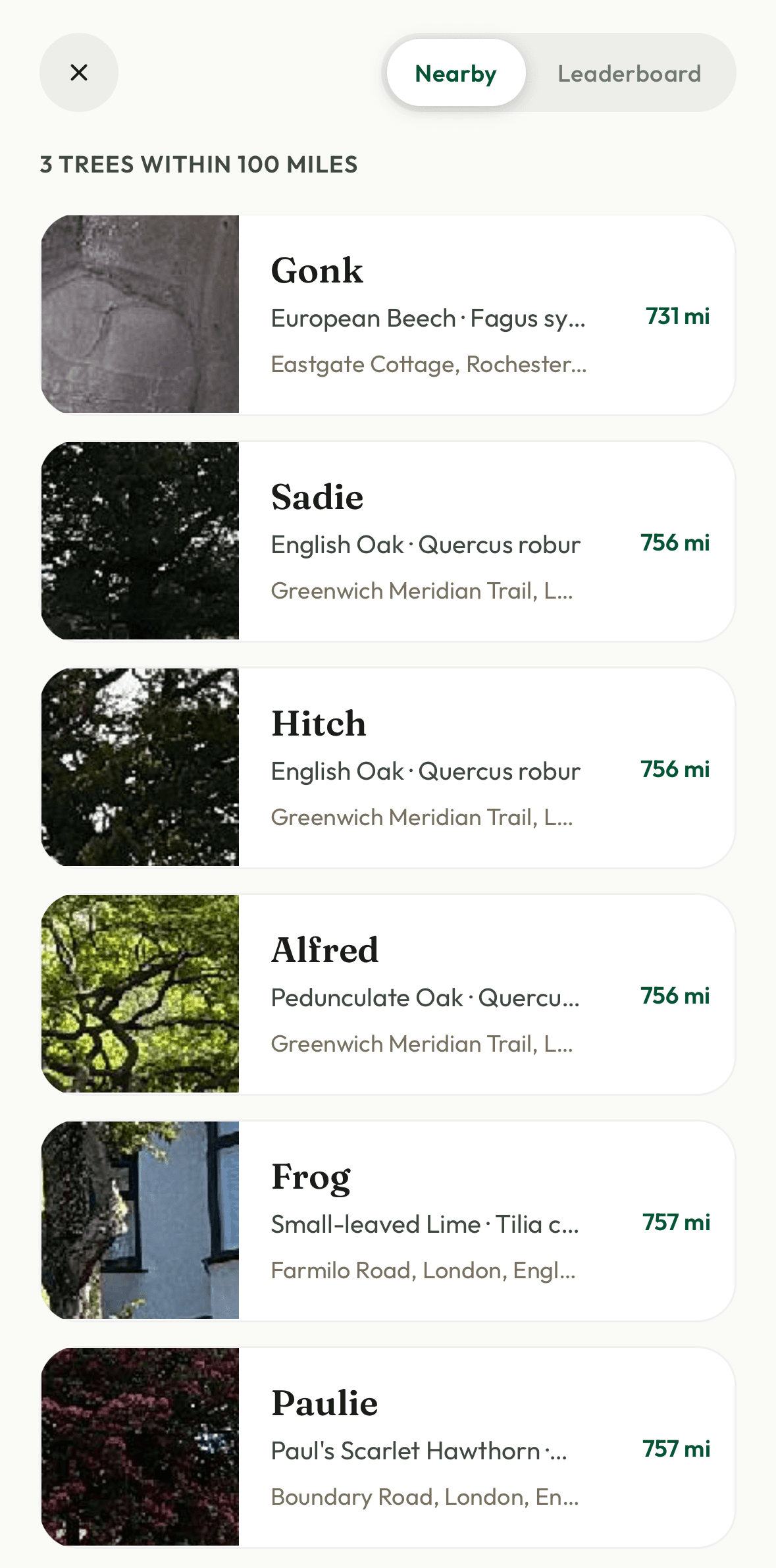 Browsing nearby claimed trees in the Hi, Tree app
