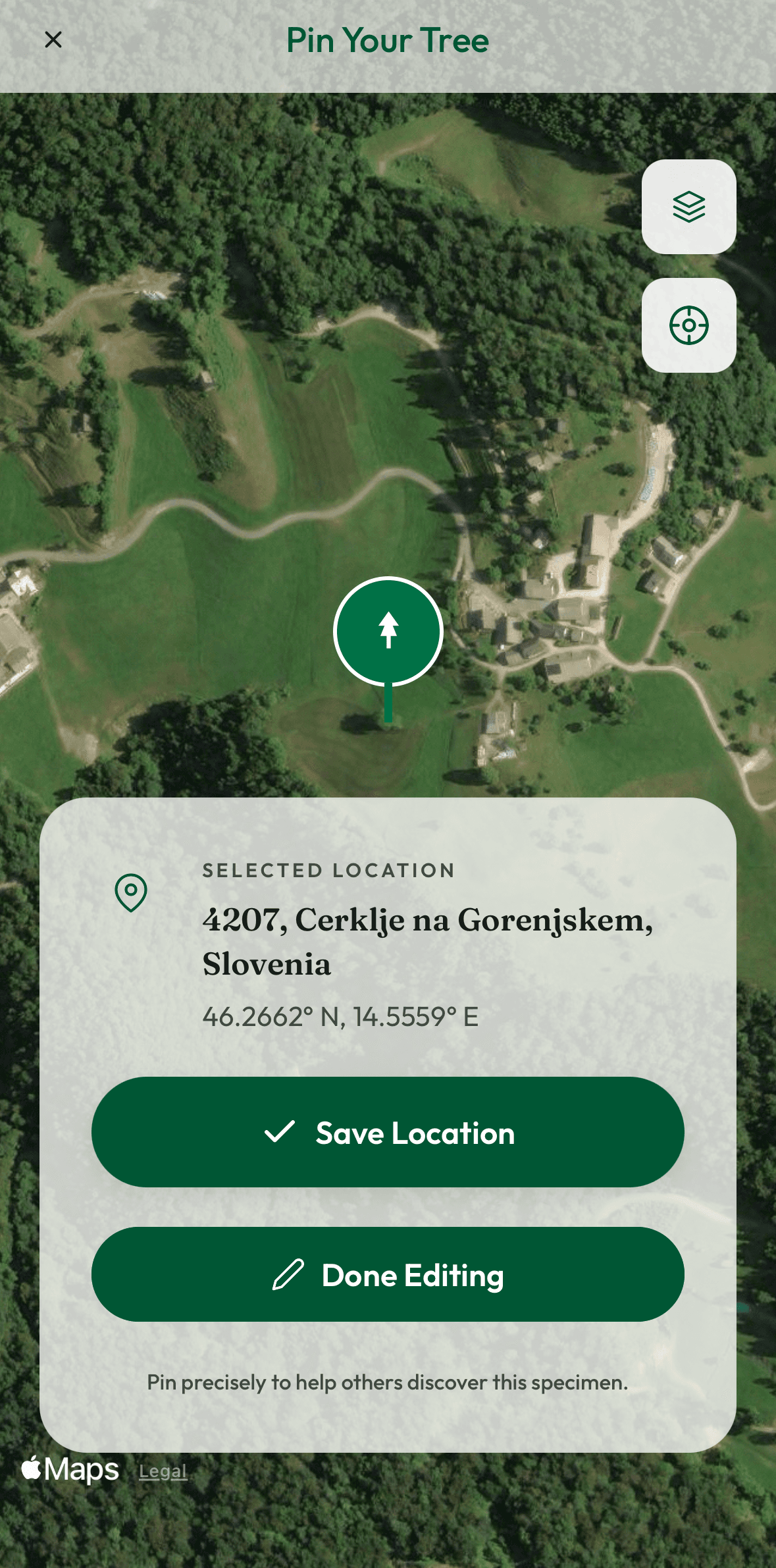 Pinning a tree on the community map in the Hi, Tree app