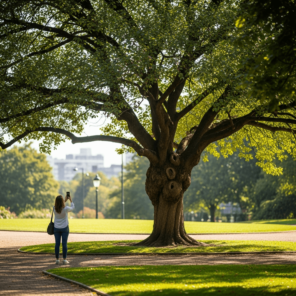 A person photographing a large tree in a city park